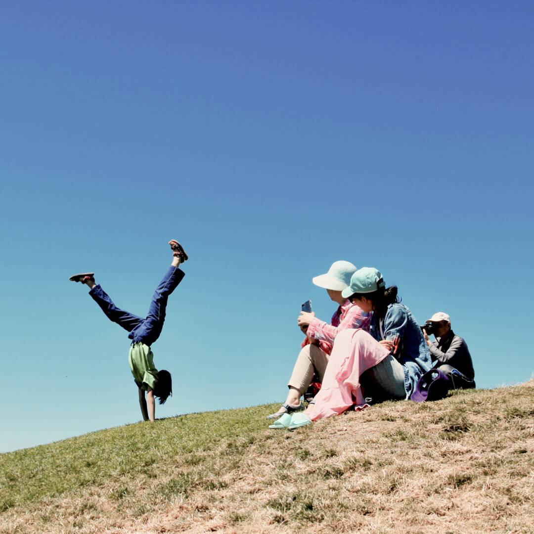 Fun at the park An Asian family on the grass doing acrobatics at Gas Works Park in Seattle, Washington